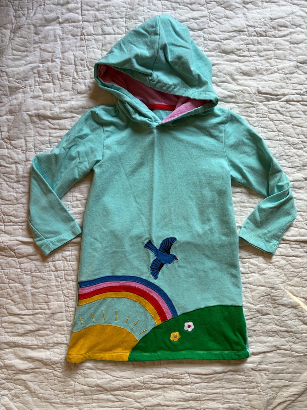 Girls Hooded Dress with Rainbow & Bird Appliqué